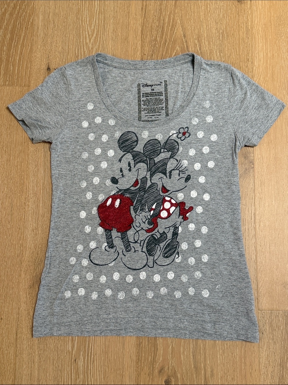 Disney Gray Short-Sleeve Tee with Mickey & Minnie Glittery Red Accents